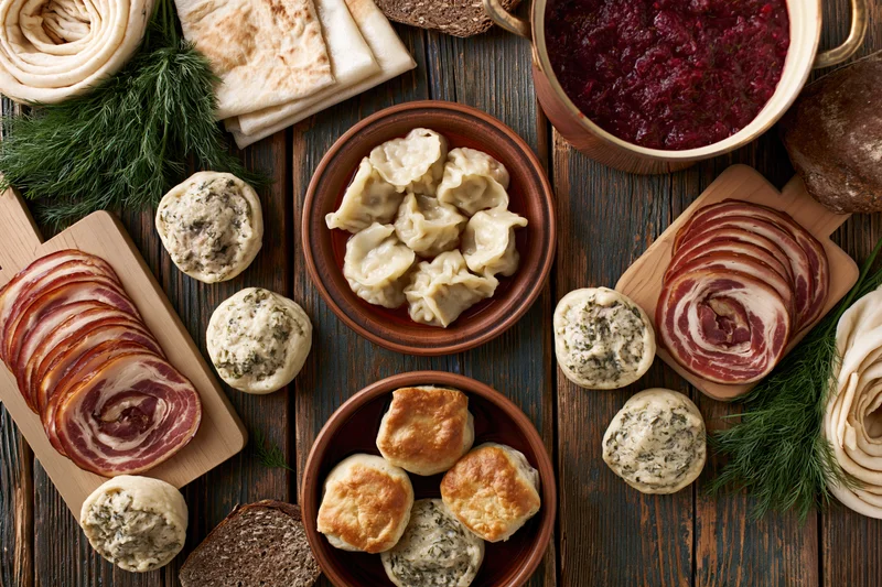 Overhead flat lay of eastern european food including pierogi, sausage, bread and dill on a wooden table