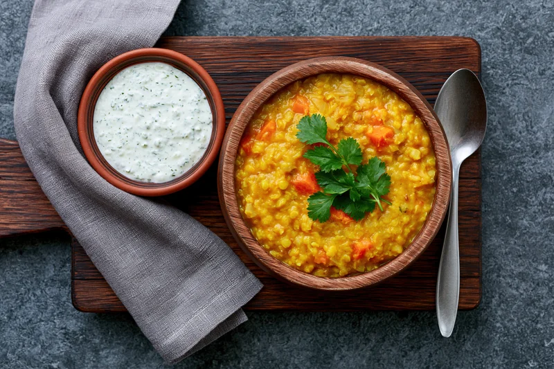Yellow lentil dal with cilantro garnish and yogurt raita side in wooden bowls on dark stone surface