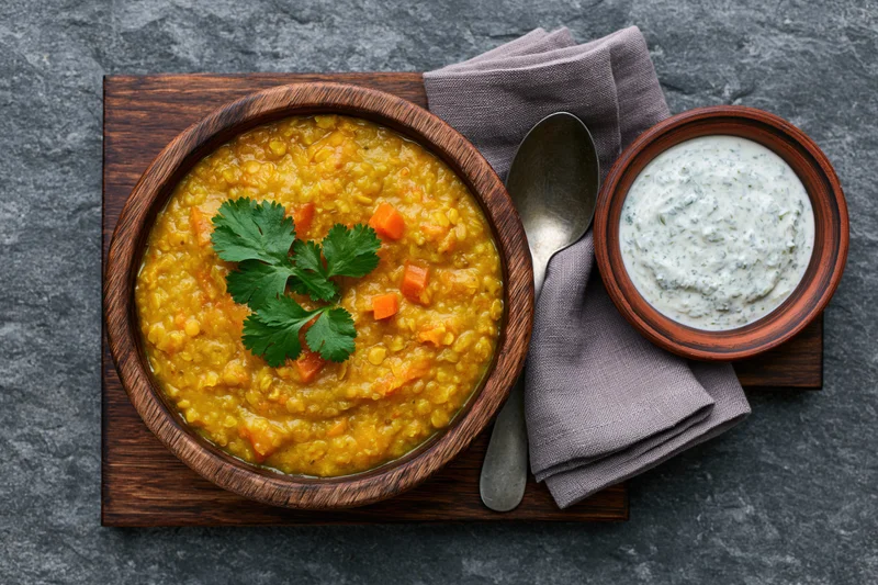 Dal in a wooden bowl with raita and cilantro garnish on a slate surface