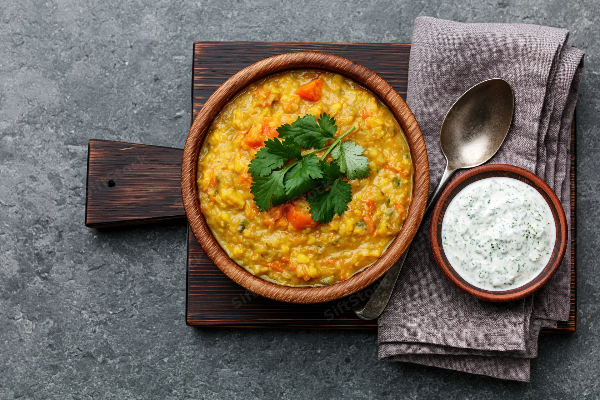 Overhead flat lay of a wooden bowl filled with yellow lentil dal curry garnished with cilantro, served with yogurt raita on a dark stone surface