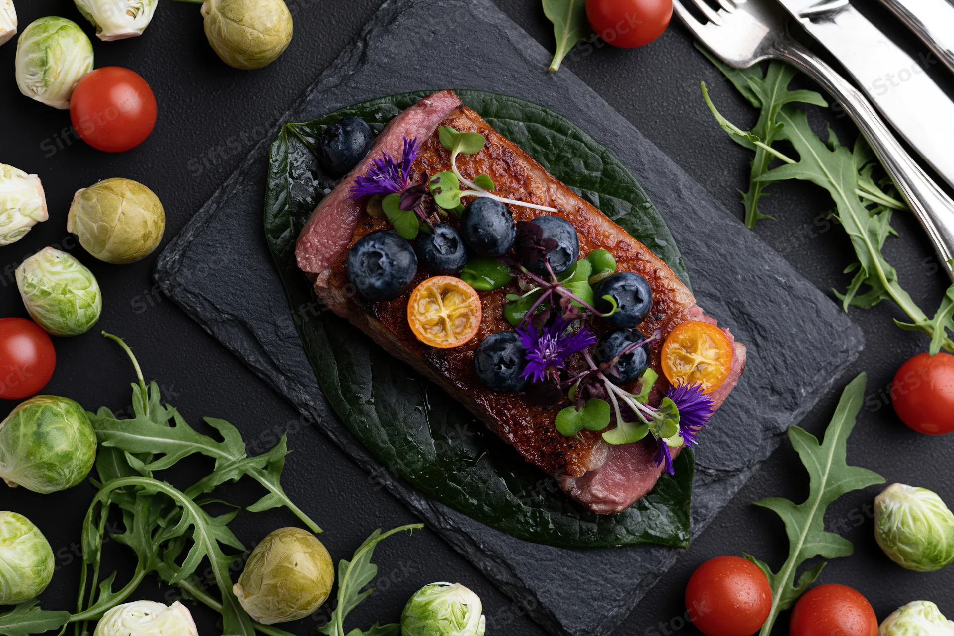 Seared duck breast fillet garnished with blueberries and edible flowers on slate platter surrounded by vegetables and cutlery