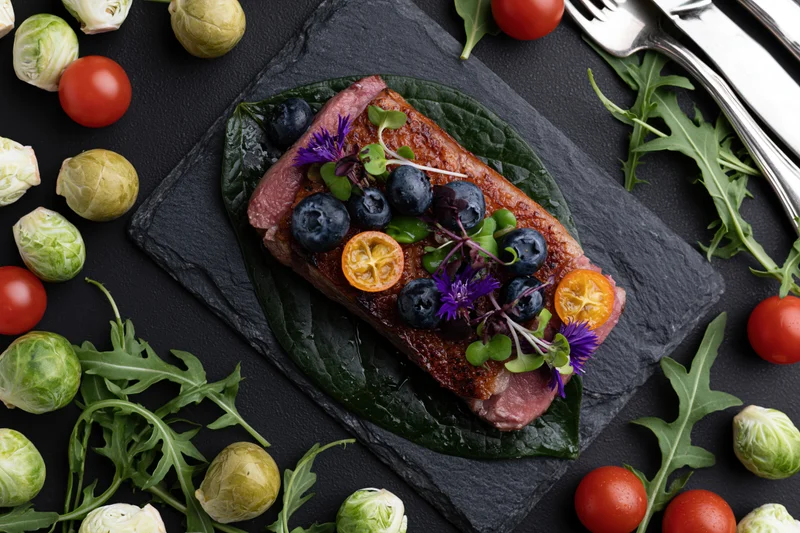 Seared duck breast fillet garnished with blueberries and edible flowers on slate platter surrounded by vegetables and cutlery