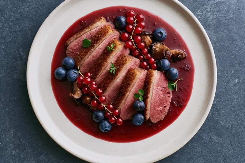Sliced medium-rare duck breast with berry sauce and garnish on a white plate overhead view
