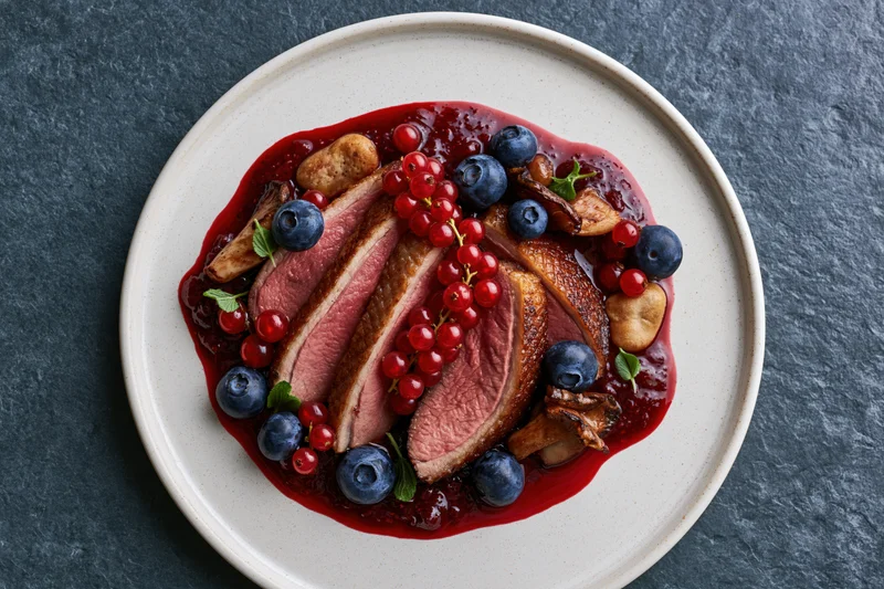 Sliced medium-rare duck breast with berry sauce and garnishes on a white plate viewed from above