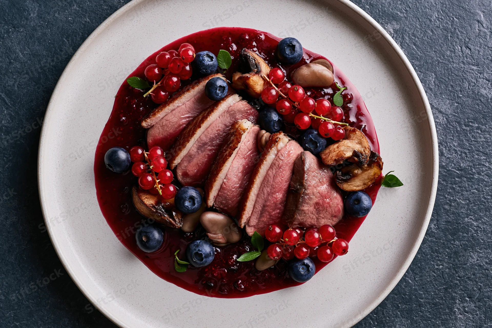 Sliced medium-rare duck breast with berries and mushrooms on a white plate over dark slate surface