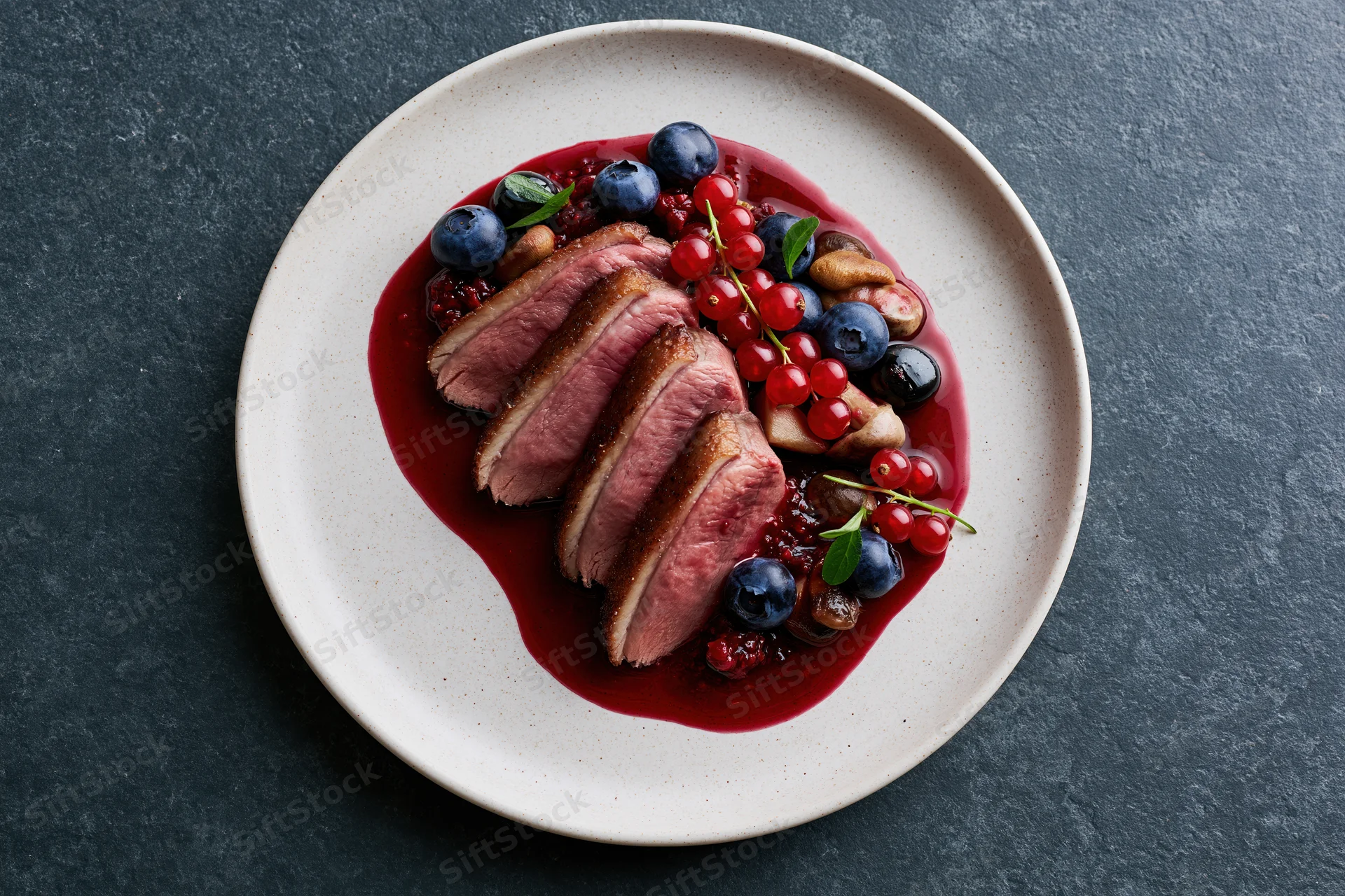 Sliced medium-rare duck breast with berry sauce and garnishes on a white plate over dark slate surface