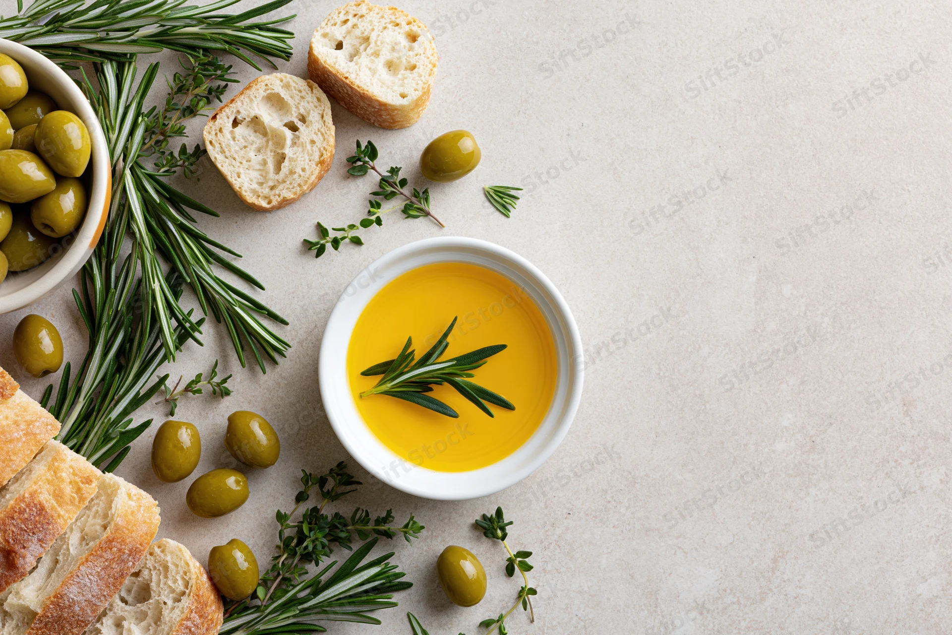 Overhead flat lay of olive oil in a white bowl with bread, olives, rosemary and thyme on a light surface