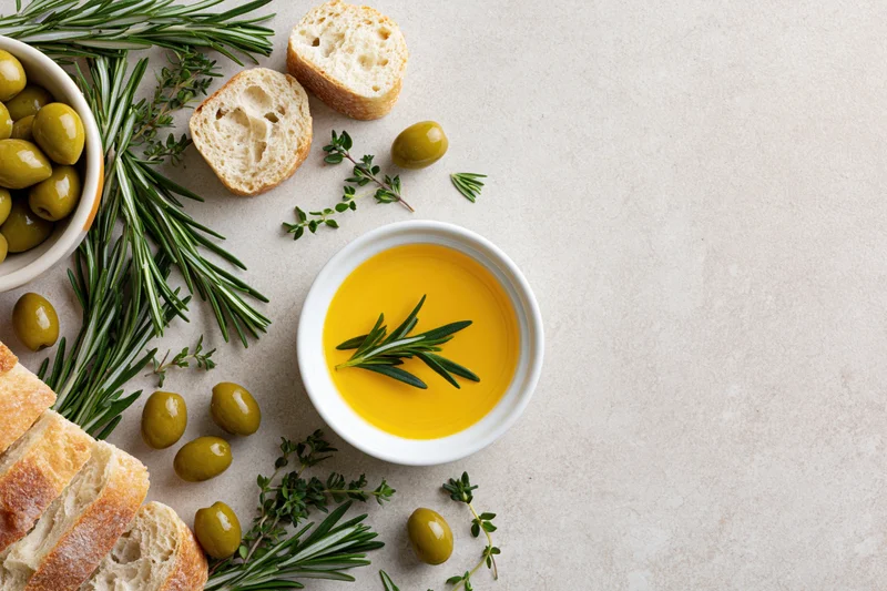 Overhead flat lay of olive oil in a white bowl with bread, olives, rosemary and thyme on a light surface