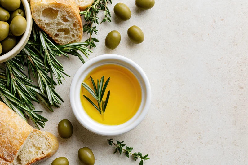 Overhead flat lay of a white ceramic bowl with olive oil and rosemary on a light countertop surrounded by bread, olives, and herbs