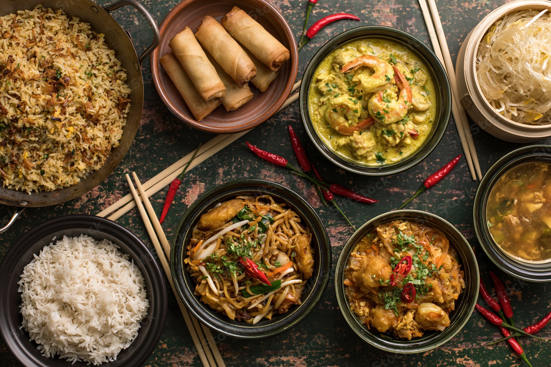 Overhead flat lay of various asian dishes including fried rice, spring rolls, curry, noodles, and chili peppers arranged on a dark textured surface with chopsticks and bowls