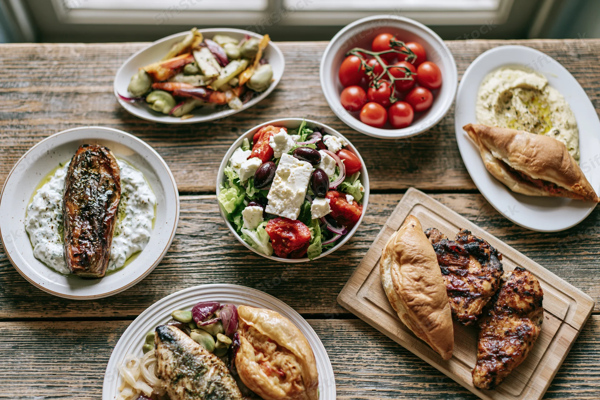 Overhead view of greek mezze dishes arranged on a wooden table with plates of salad, hummus, tzatziki, grilled chicken, fish, and pita bread