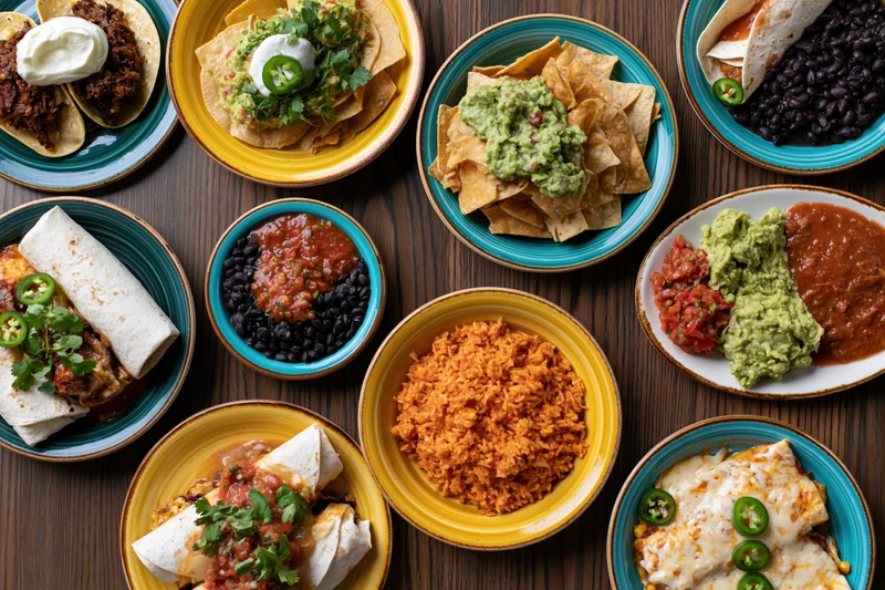 Overhead flat lay of mexican dishes spread on wooden table including burritos, tacos, enchiladas, rice, beans, guacamole, salsa, and tortilla chips on colorful plates