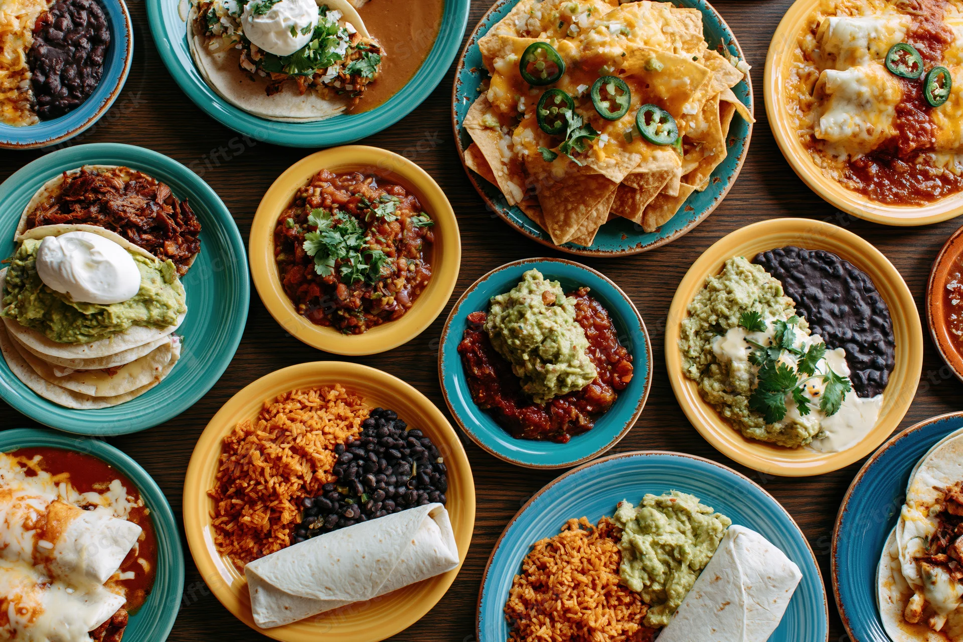 Overhead flat lay of various mexican dishes arranged on a wooden table