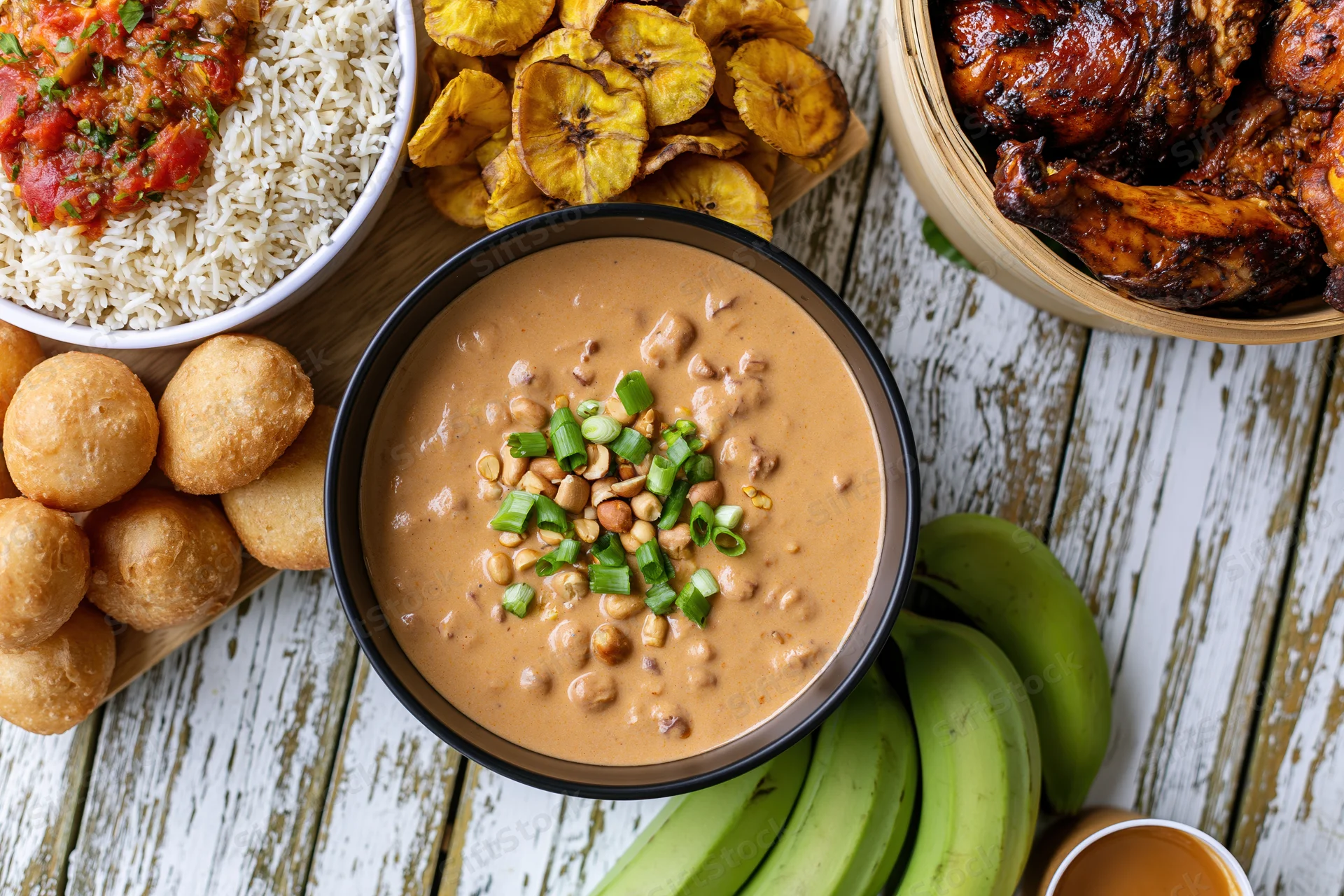Overhead flat lay of a West African meal spread featuring rice, peanut stew, fried plantains, grilled chicken, and puff balls on a rustic wooden table