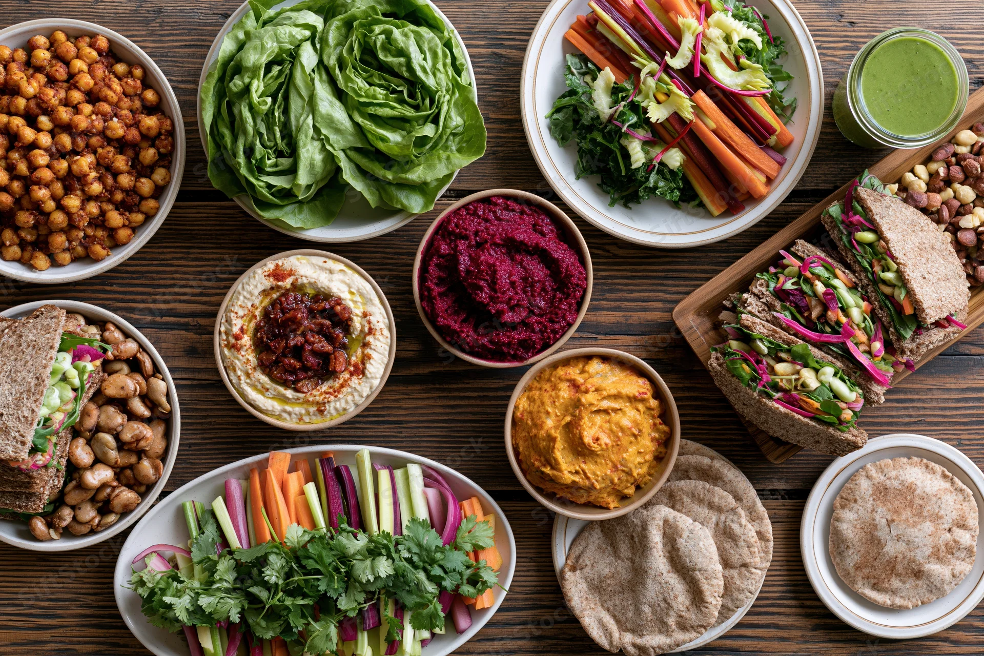 Overhead flat lay of a spread of healthy vegetarian dishes on a wooden table