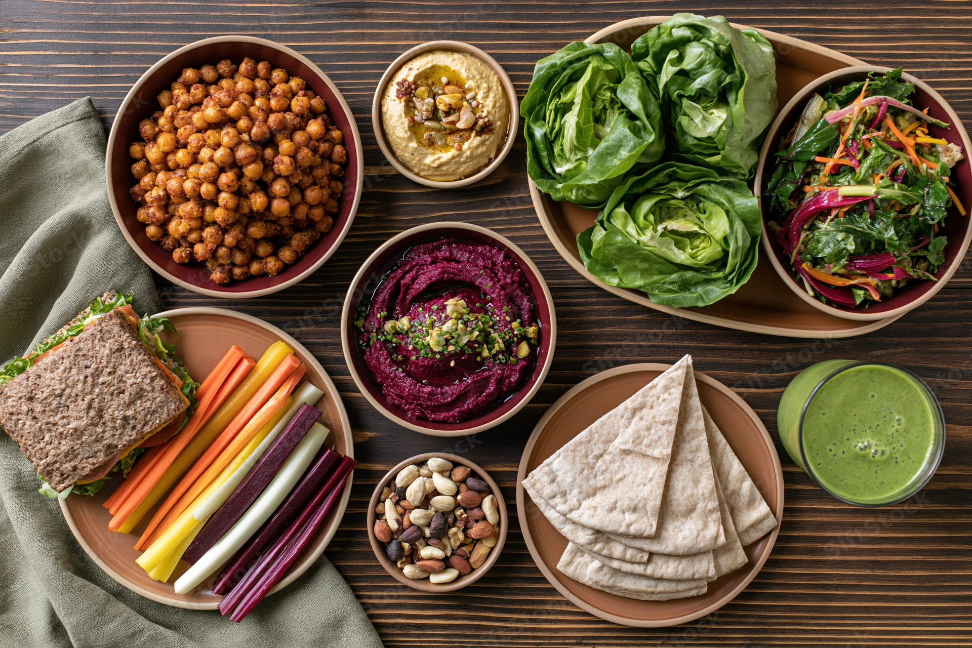 Overhead flat lay of a healthy vegetarian meal spread on a wooden table with bowls of hummus, beet dip, roasted chickpeas, salad, pita, vegetables, and a green smoothie