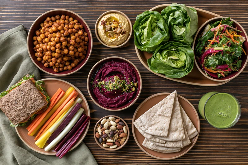 Overhead flat lay of a healthy vegetarian meal spread on a wooden table with bowls of hummus, beet dip, roasted chickpeas, salad, pita, vegetables, and a green smoothie