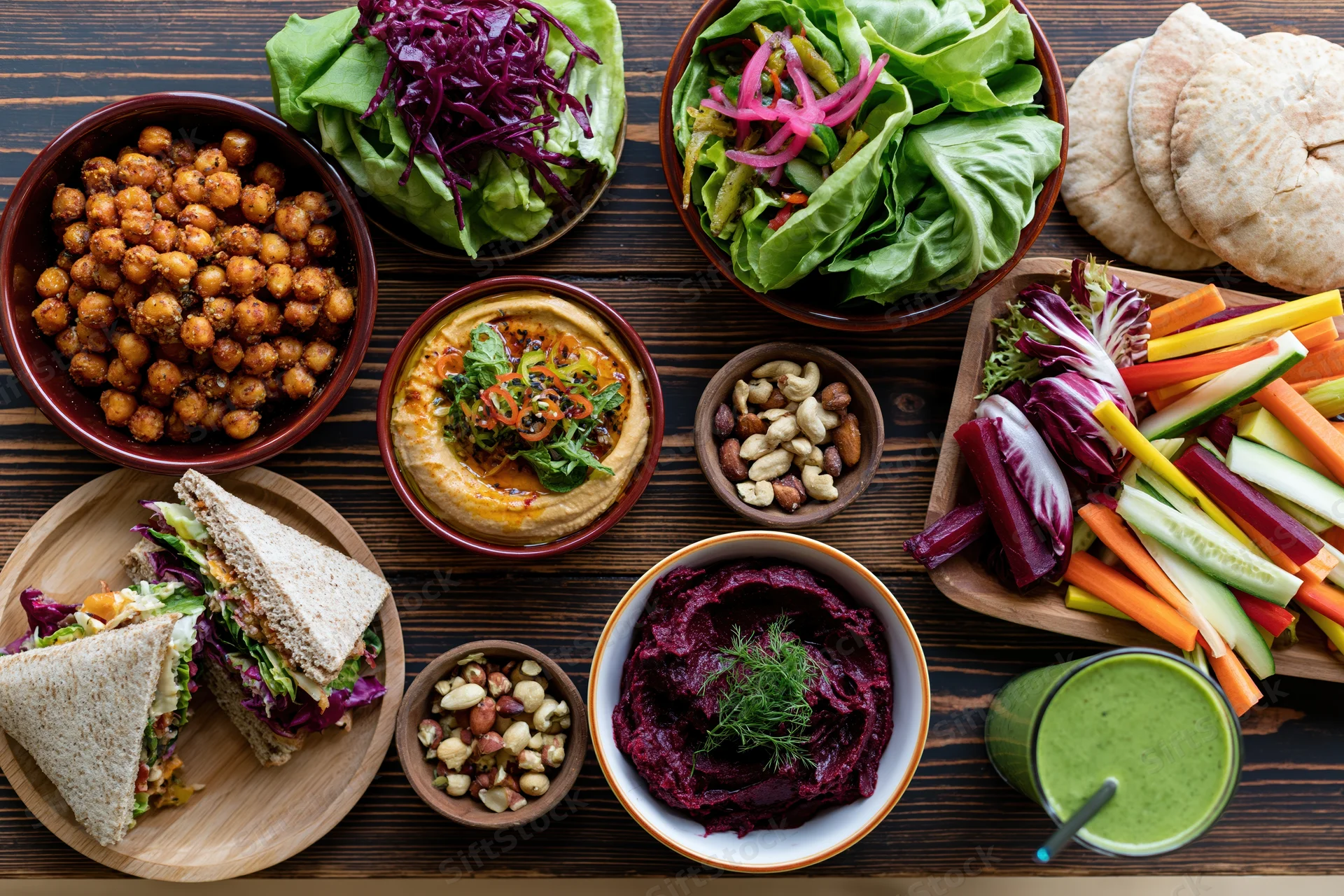 Overhead flat lay of a healthy vegetarian meal spread on a wooden table with salads, dips, sandwiches, vegetables and smoothie