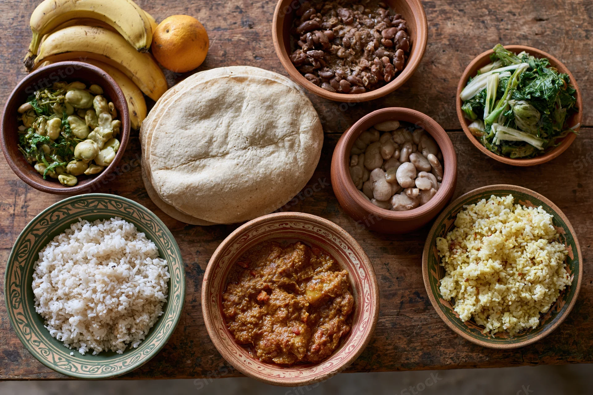 Traditional african and caribbean dishes arranged in ceramic bowls on a wooden table