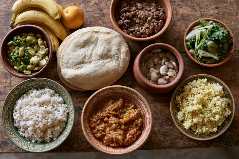 Traditional african and caribbean dishes arranged in ceramic bowls on a wooden table