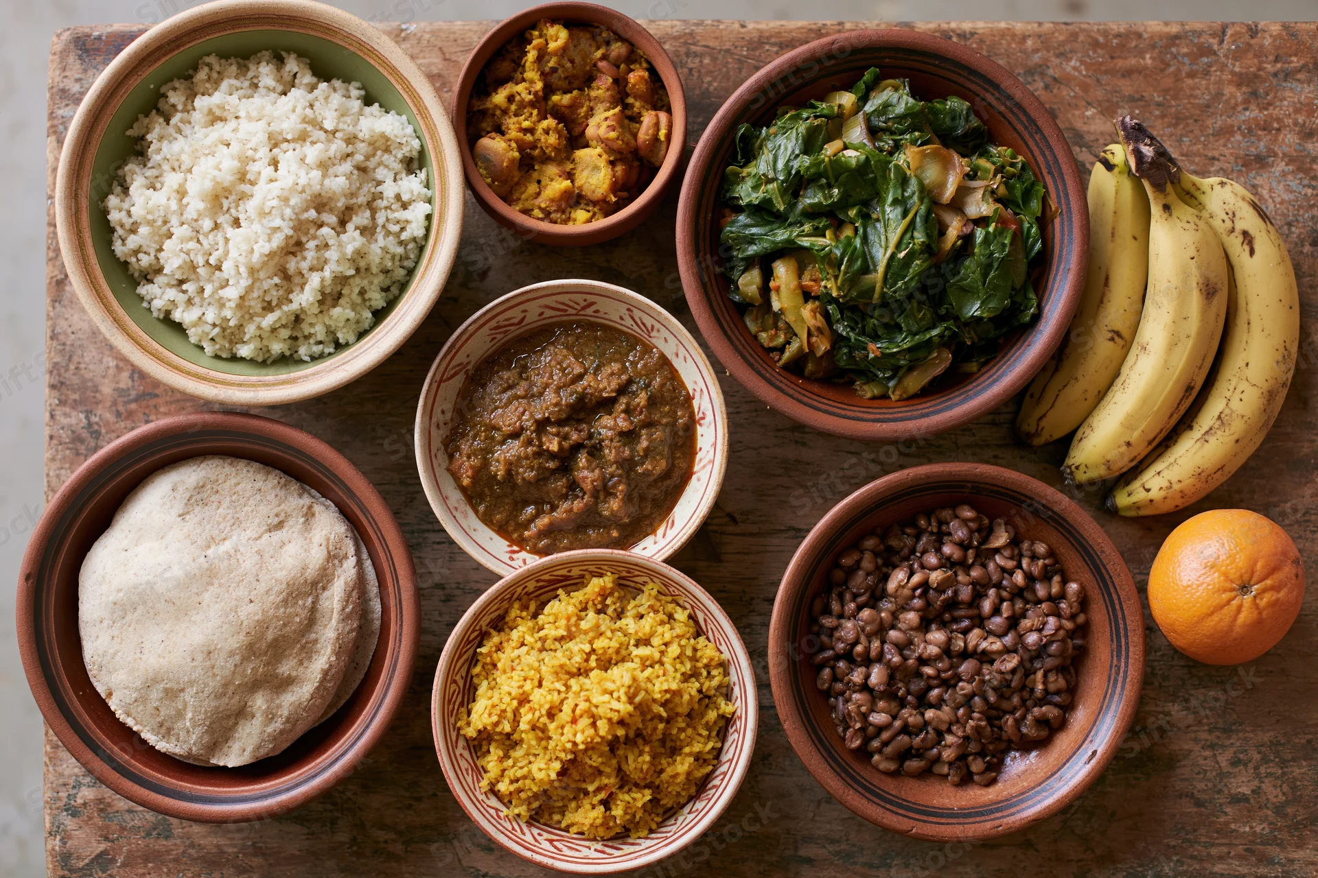 Traditional african and caribbean dishes arranged in clay bowls on a wooden table