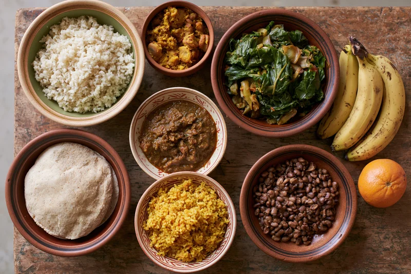 Traditional african and caribbean dishes arranged in clay bowls on a wooden table
