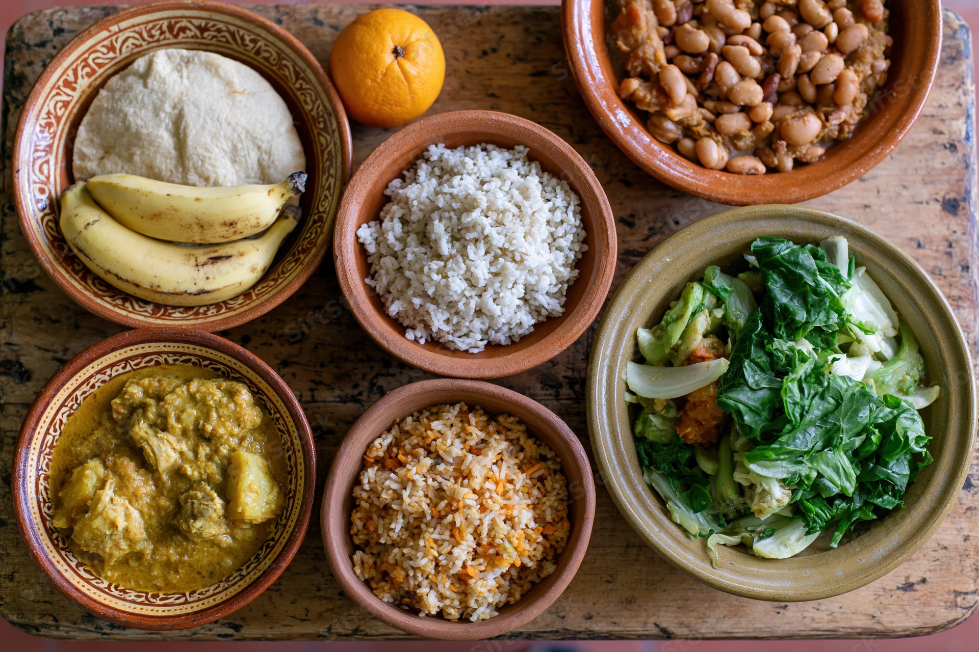 Traditional african and caribbean dishes arranged in clay bowls on a wooden table