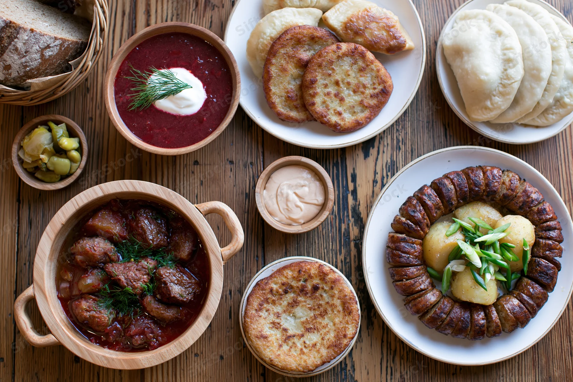 Traditional eastern european meal spread with borscht, pierogi, sausage, and rye bread on wooden table
