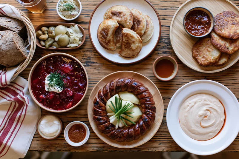 Traditional eastern european meal spread on wooden table with borscht, pierogi, sausage and bread