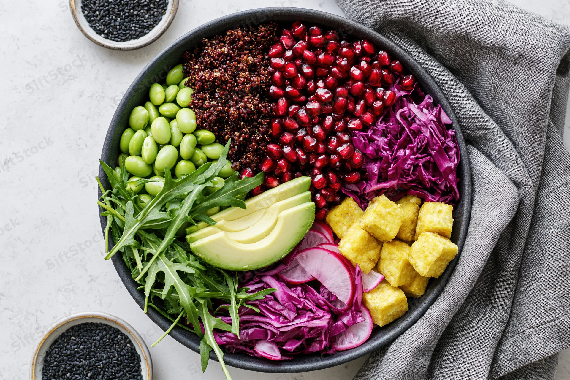 Overhead flat lay of a vegan buddha bowl filled with red quinoa, pomegranate, avocado, edamame, red cabbage, arugula, tofu, and radish on a light countertop with sesame seeds and a gray napkin