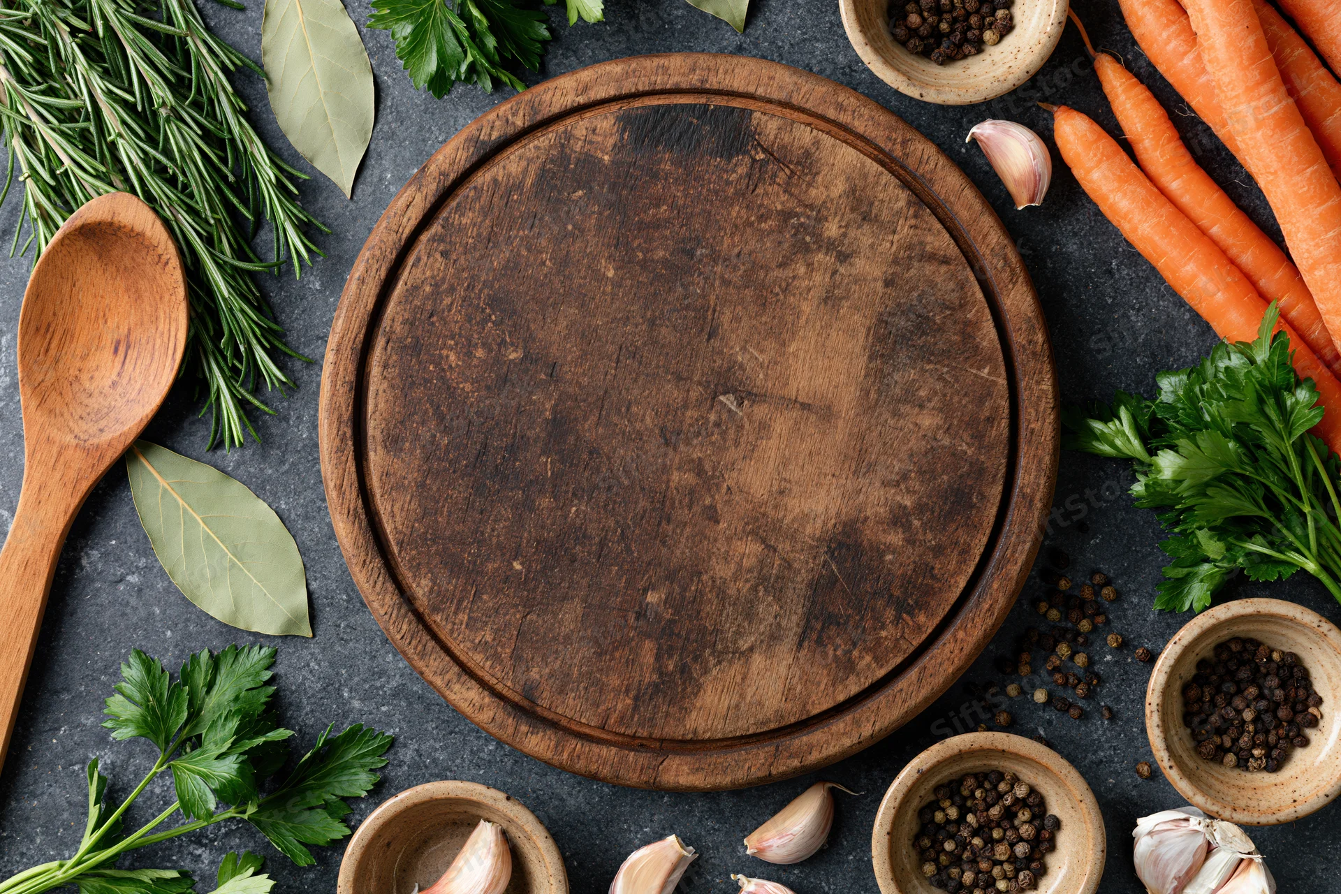 Round wooden cutting board surrounded by fresh vegetables and herbs on dark surface