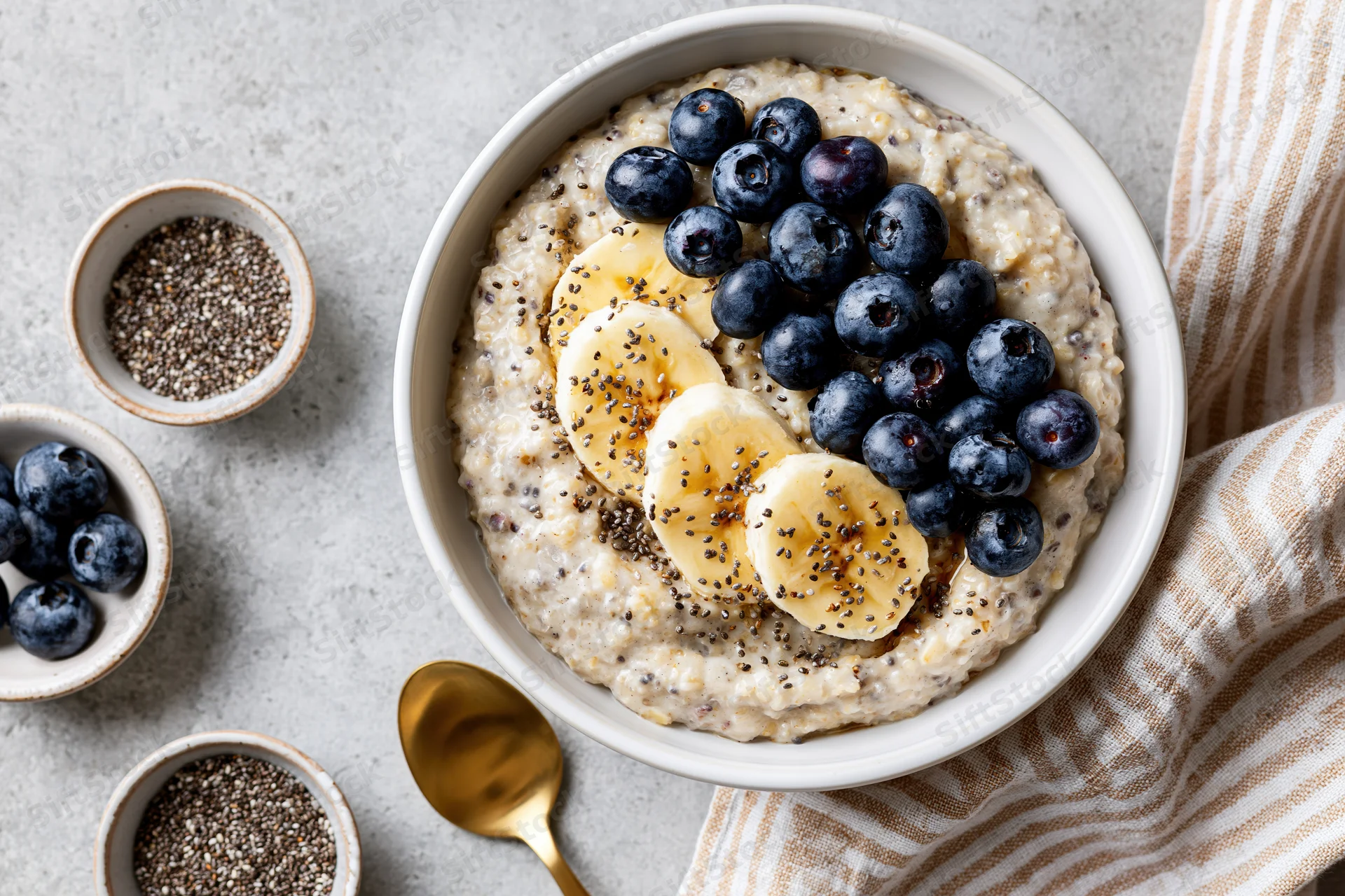 Creamy oatmeal topped with banana slices, blueberries and chia seeds in a white ceramic bowl on a gray surface with small bowls and a striped napkin