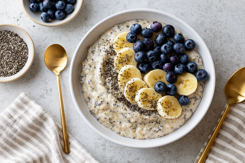 Creamy oatmeal topped with banana slices, blueberries and chia seeds in a white ceramic bowl on a light countertop with gold spoons and striped napkin