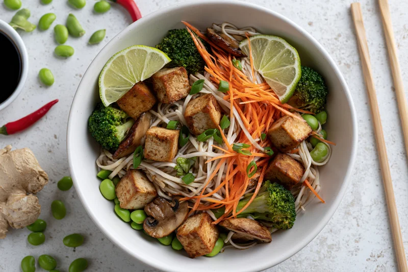 Overhead flat lay of a white ceramic bowl filled with stir-fried noodles, tofu, broccoli, carrots, lime, edamame, and mushrooms on a light countertop with chopsticks and soy sauce nearby