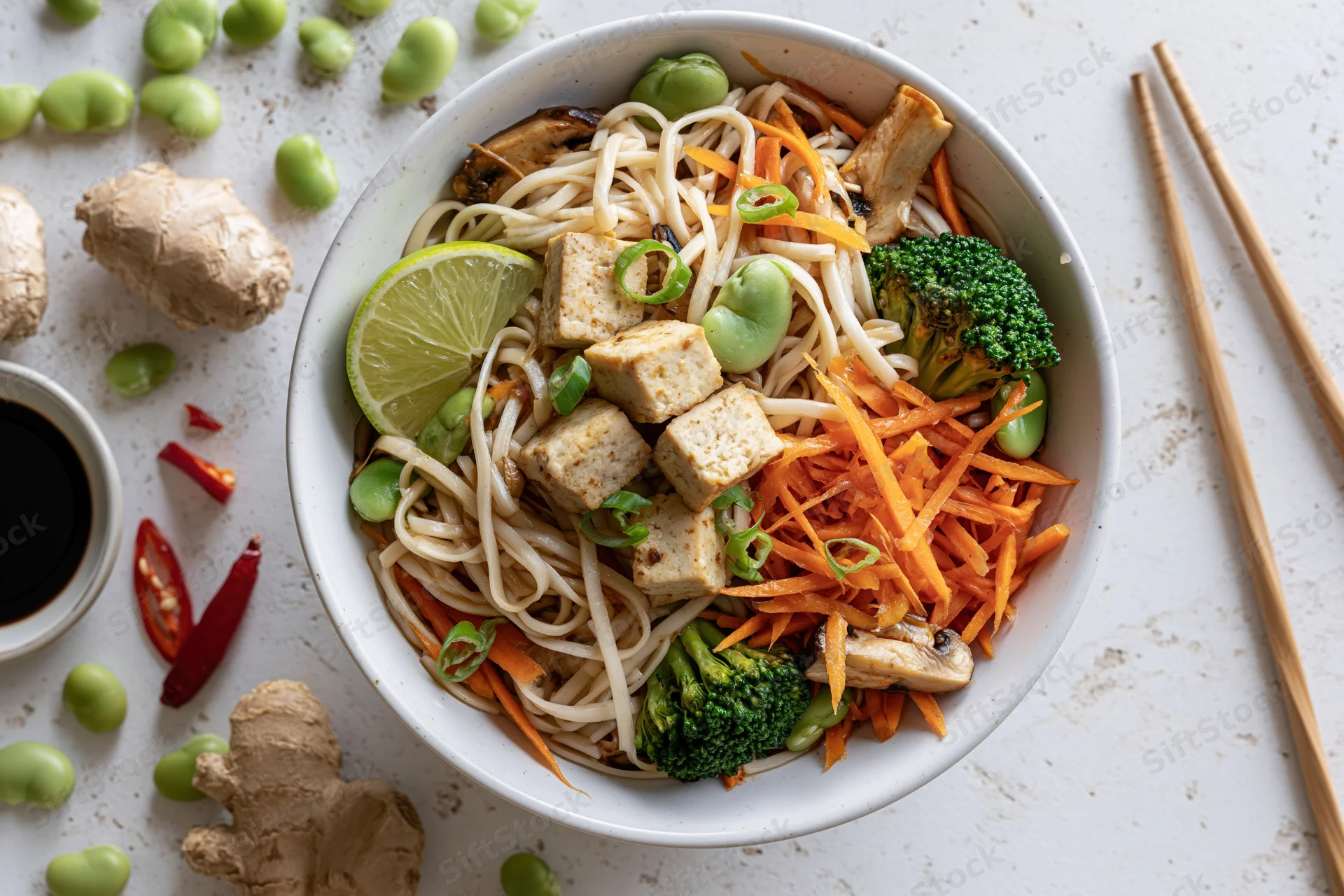 Overhead flat lay of a white ceramic bowl filled with stir-fried noodles, tofu, broccoli, carrots, lime, edamame, and ginger on a light countertop with chopsticks and soy sauce nearby