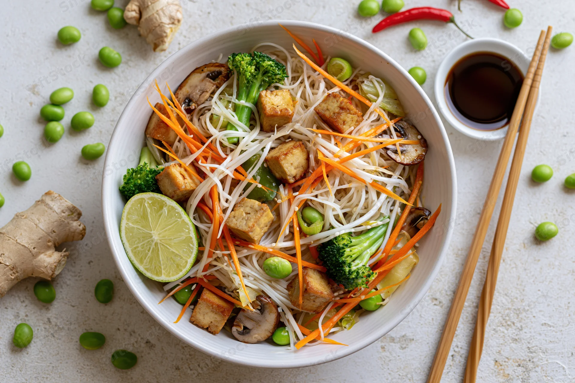 Stir fry with tofu, vegetables and lime in a white bowl, overhead flat lay on light surface with chopsticks and soy sauce nearby