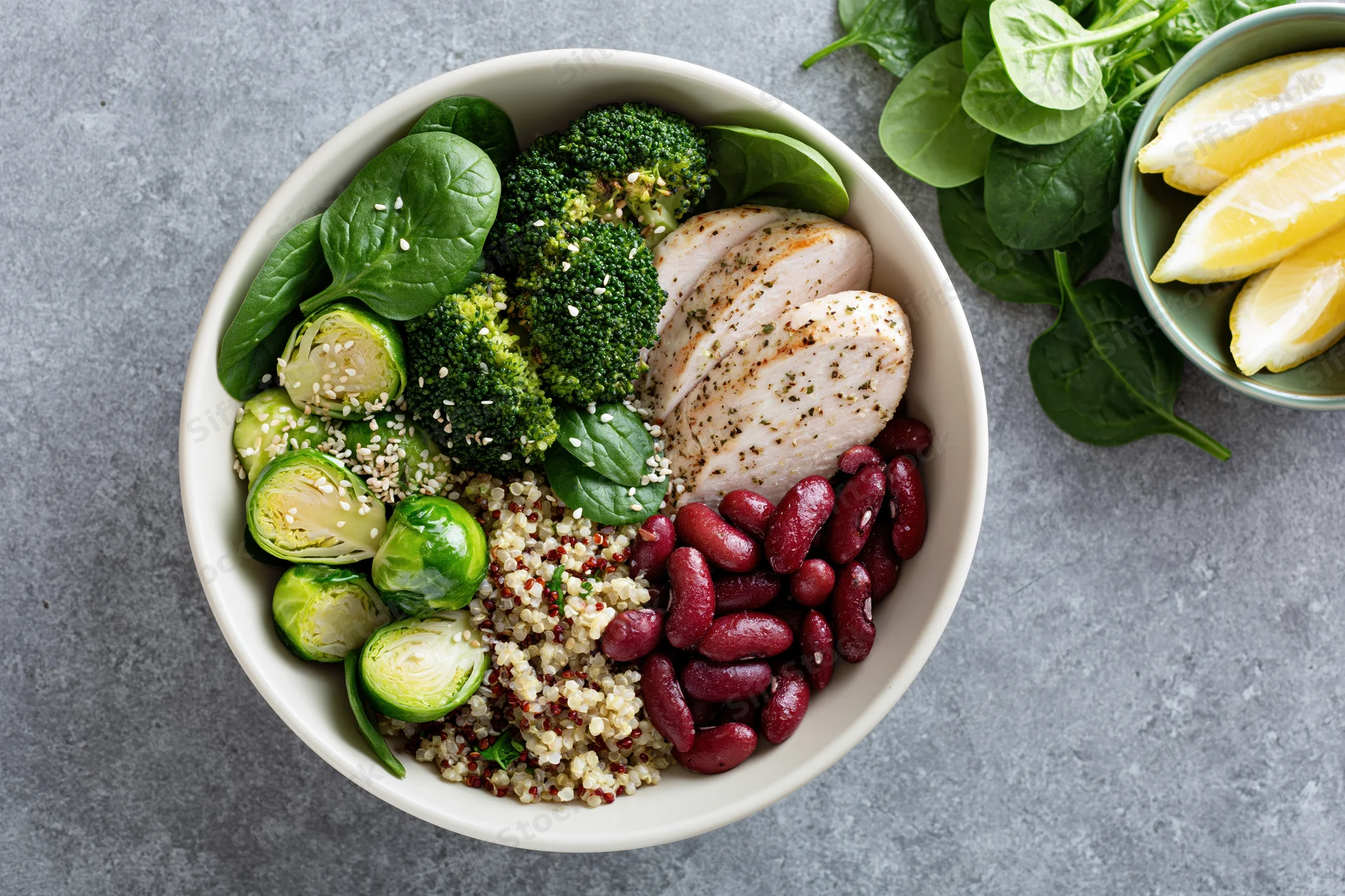 Overhead view of a white ceramic bowl filled with quinoa, grilled chicken, broccoli, brussels sprouts, kidney beans, spinach and sesame seeds on a gray surface with lemon wedges and fresh spinach beside it