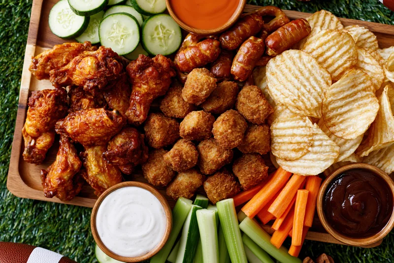 Overhead view of a wooden snack board with buffalo chicken wings, tater tots, ripple chips, vegetables and dips arranged on artificial grass
