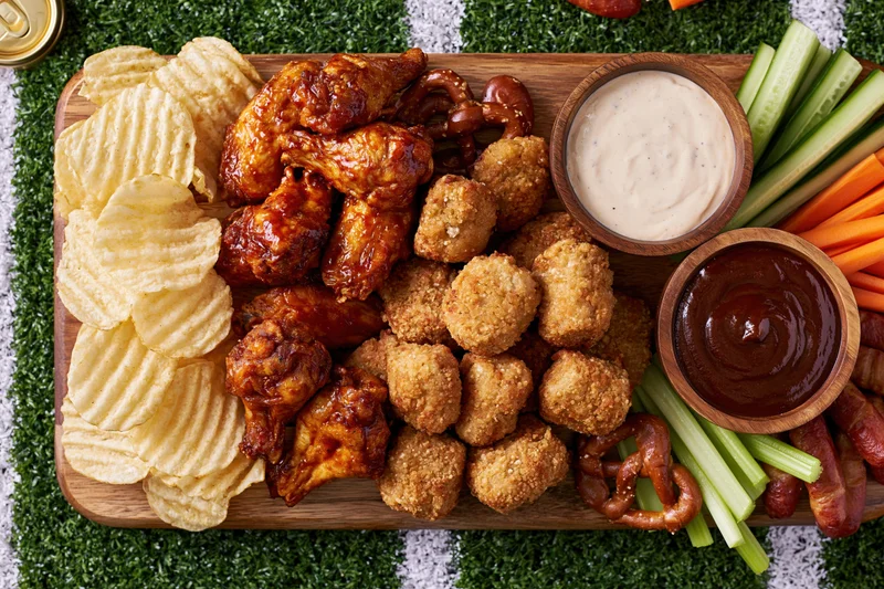 Overhead view of a wooden board with buffalo chicken wings, fried nuggets, potato chips, celery, carrots, pretzels, and dipping sauces on artificial turf