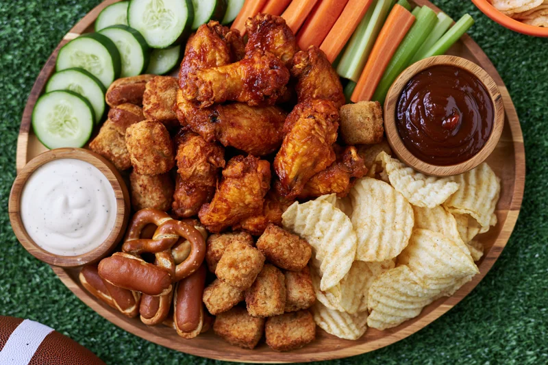 Wooden snack board with chicken wings, chips, vegetables and dips arranged for game day