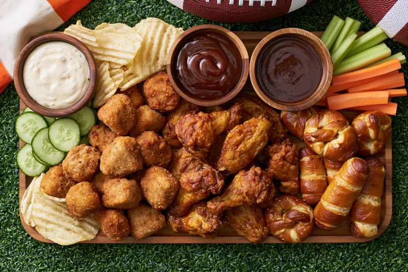 Wooden snack board with chicken wings, fries, pretzels, vegetables and dips arranged on artificial turf for a football game party