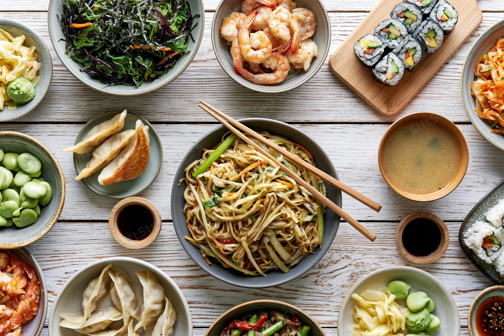 Overhead flat lay of an asian feast spread across a white wooden table with noodles, sushi, shrimp, dumplings, edamame, and soy sauce in bowls and chopsticks