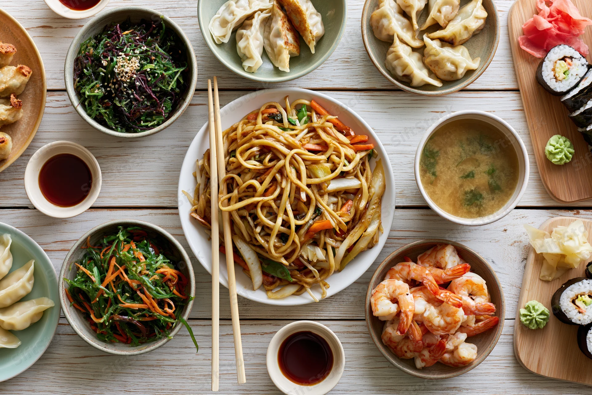 Overhead flat lay of an asian feast spread across a white wooden table with noodles, sushi, dumplings, shrimp, salads, soup, soy sauce, and chopsticks