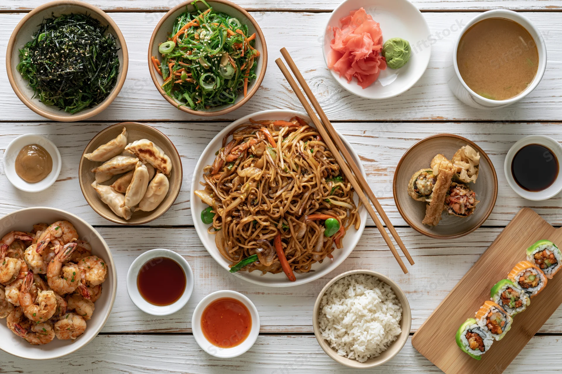 Overhead flat lay of an asian feast spread across a white wooden table with various dishes including sushi, noodles, shrimp, rice, and side dishes