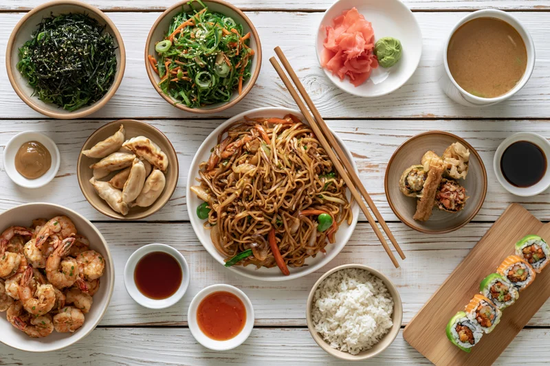 Overhead flat lay of an asian feast spread across a white wooden table with various dishes including sushi, noodles, shrimp, rice, and side dishes