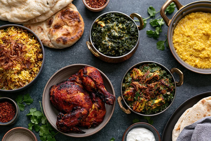 Indian feast spread with tandoori chicken, palak paneer, dal, rice, naan and yogurt on dark surface