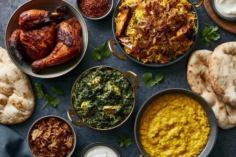 Indian feast spread with tandoori chicken, biryani, palak paneer, dal, naan and chutneys on dark slate surface