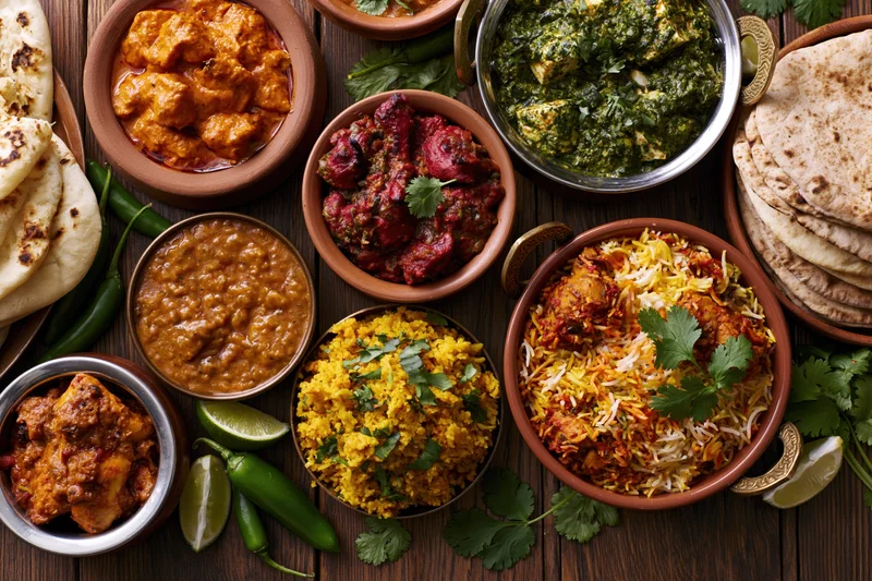 Overhead flat lay of an indian feast with curry, rice, naan and vegetables on a dark wooden table