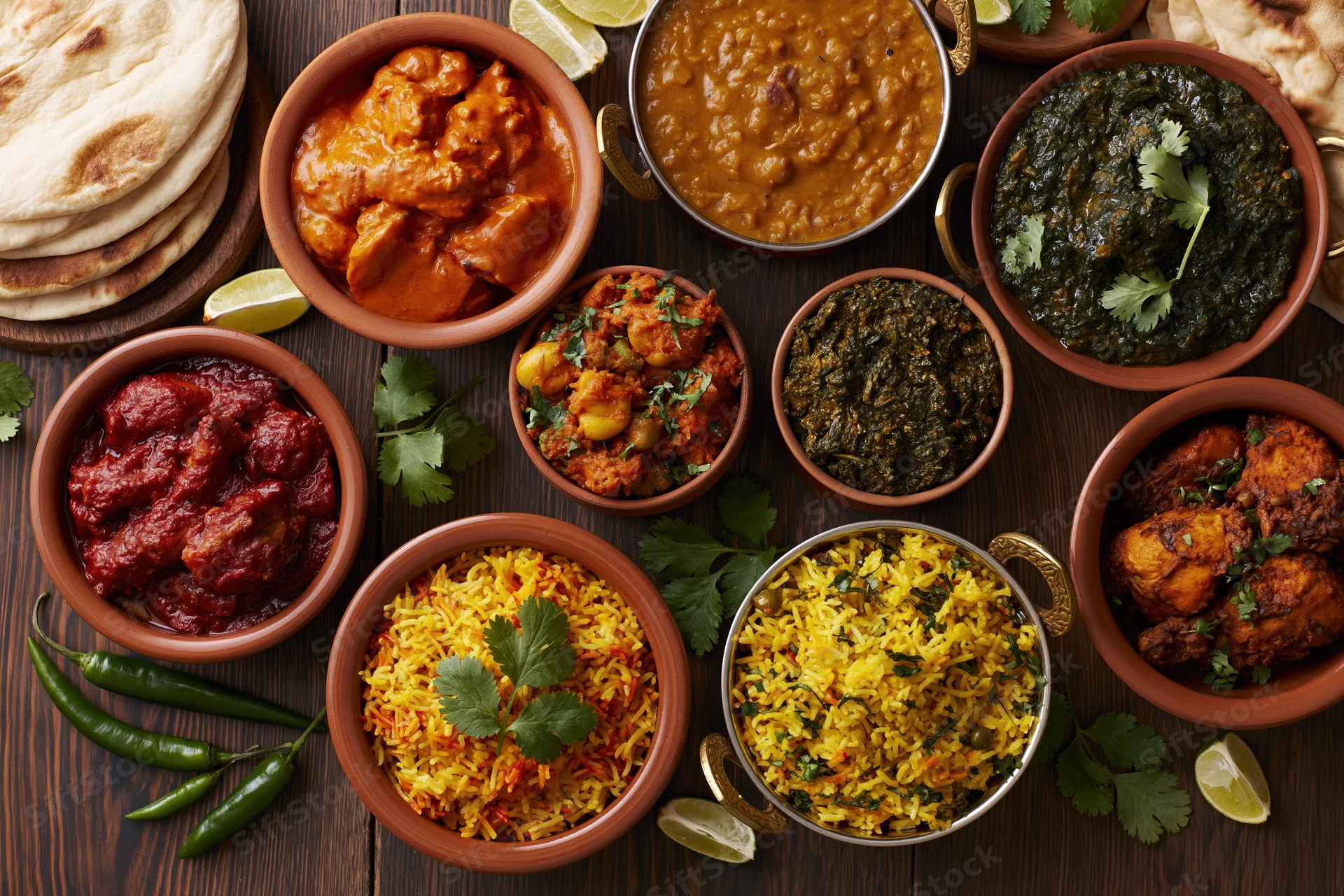 Overhead flat lay of an indian feast with curry, rice, naan and spices on dark wood table
