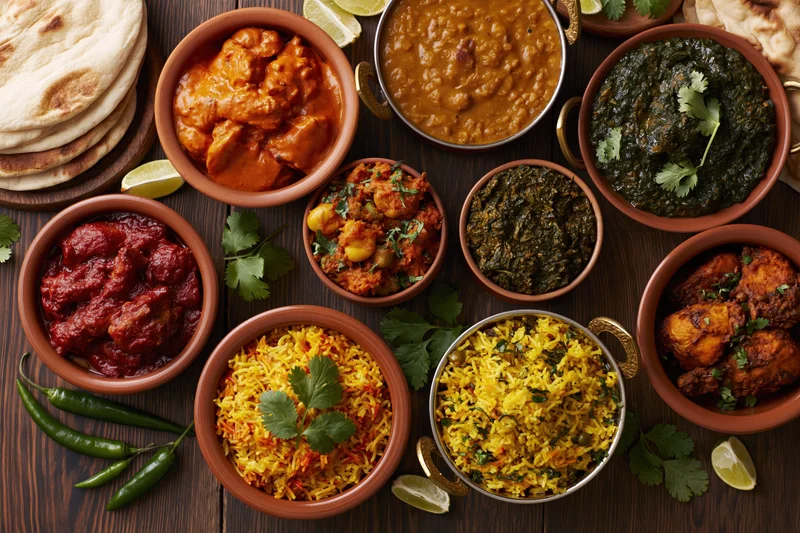 Overhead flat lay of an indian feast with curry, rice, naan and spices on dark wood table
